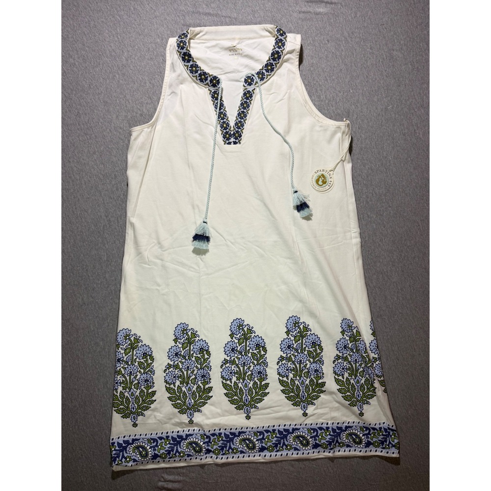 NWT Spartina 449 Arlene Jersey Dress M Hamilton Floral Ivory Blue Tassel $178